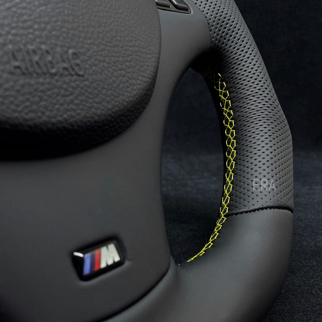Custom E90 steering wheel for BMW with yellow stitching and stripe NAPPA LEATHER PERFORATED M PERFORMANCE