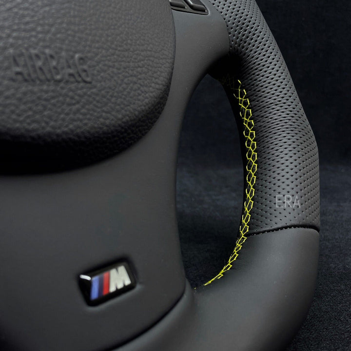 Custom E90 steering wheel for BMW with yellow stitching and stripe NAPPA LEATHER PERFORATED M PERFORMANCE
