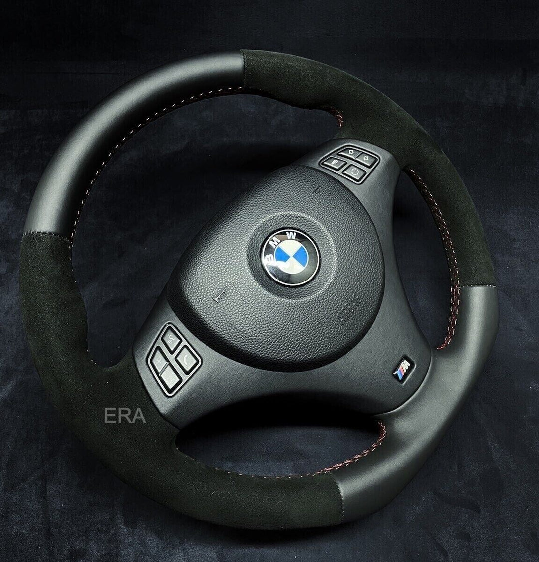 Custom steering wheel for BMW with black Nappa-Alcantara leather trim, red stitching and flat bottom 