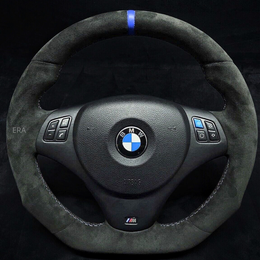 BMW SHAPED STEERING WHEEL BLUE STRIPE ALCANTARA LEATHER