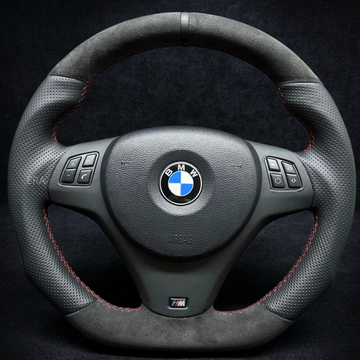 BMW SHAPED E90 WHEEL WITH LEATHER STRIPE ALCANTARA LEATHER RED STITCHING