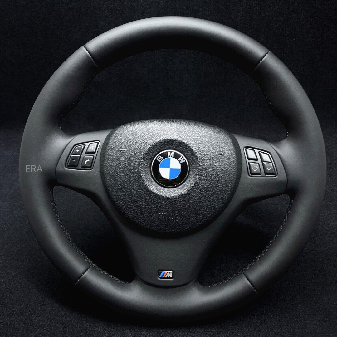 BMW steering wheel with logo on a black background nappa leather