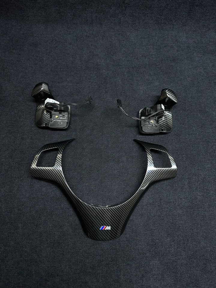 BMW E9X-E8X CARBON STYLE STEERING WHEEL TRIM SET WITH SHIFT PADDLES