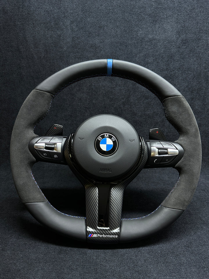 BMW F-SERIES MATTE CARBON STYLE-PIANO BLACK STEERING WHEEL TRIM WITH SHIFT PADDLES