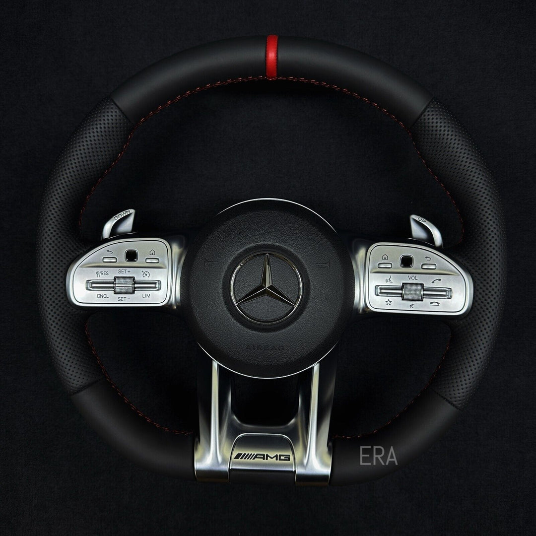 Mercedes benz amg steering wheel nappa leather shift paddles amg red stitching perforated custom made