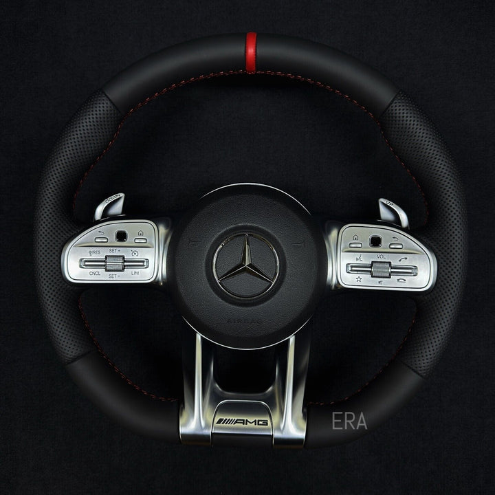 Mercedes benz amg steering wheel nappa leather shift paddles amg red stitching perforated custom made