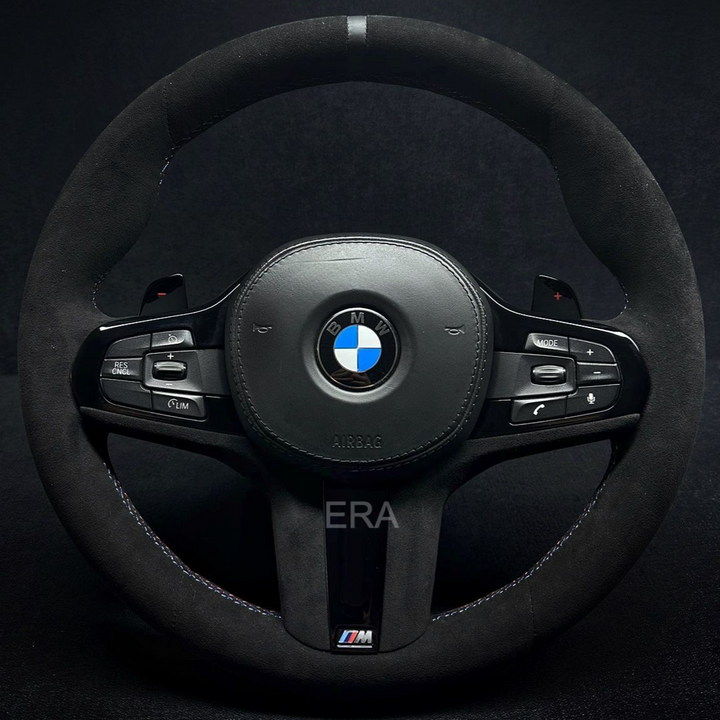 BMW G-SERIES ALCANTARA / BLACK LEATHER STRIPE / M-STITCHING / PIANO BLACK TRIM AND SHIFT PADDLES