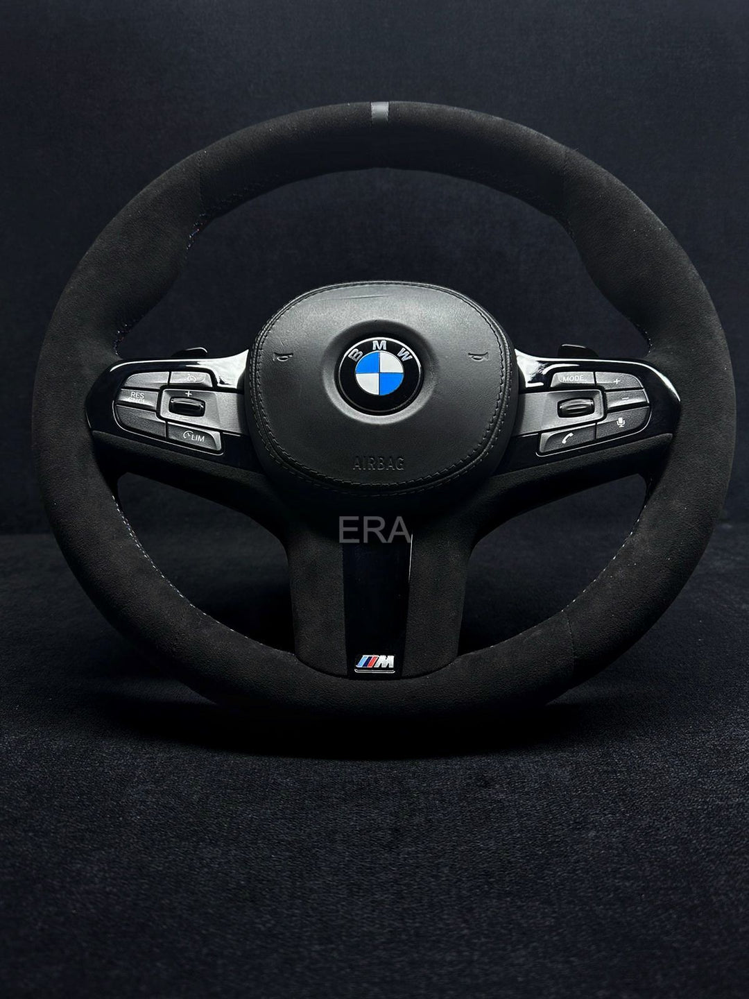 BMW G-SERIES ALCANTARA / BLACK LEATHER STRIPE / M-STITCHING / PIANO BLACK TRIM AND SHIFT PADDLES