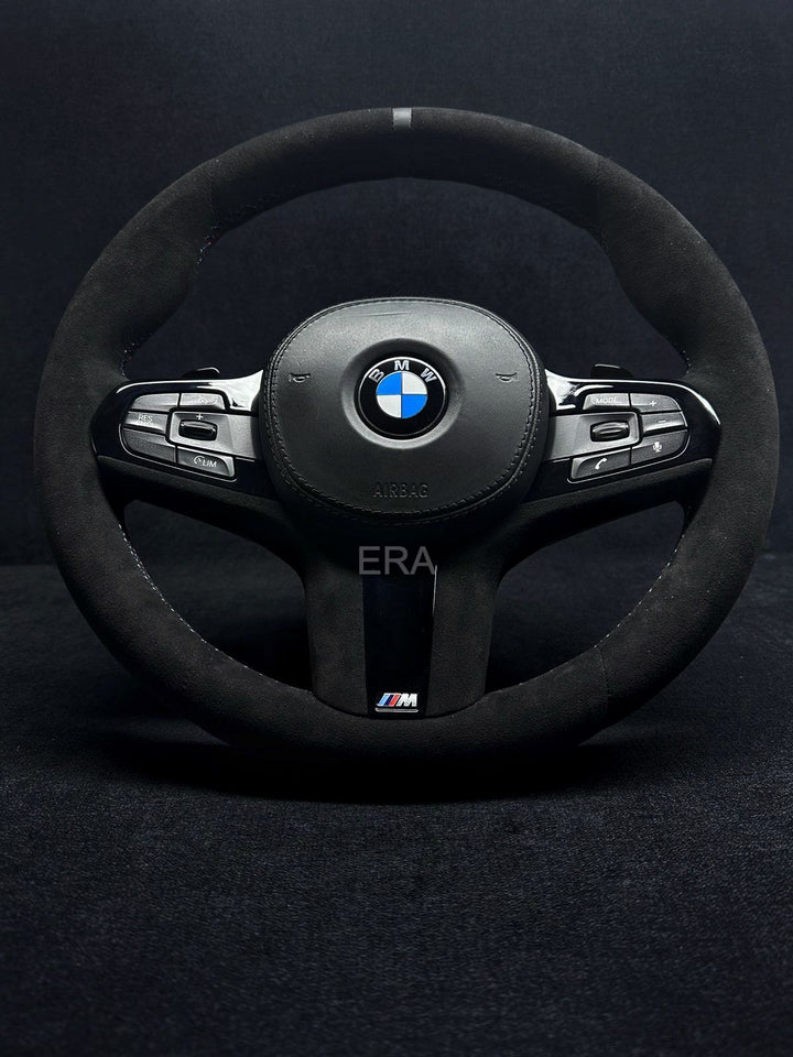 BMW G-SERIES ALCANTARA / BLACK LEATHER STRIPE / M-STITCHING / PIANO BLACK TRIM AND SHIFT PADDLES