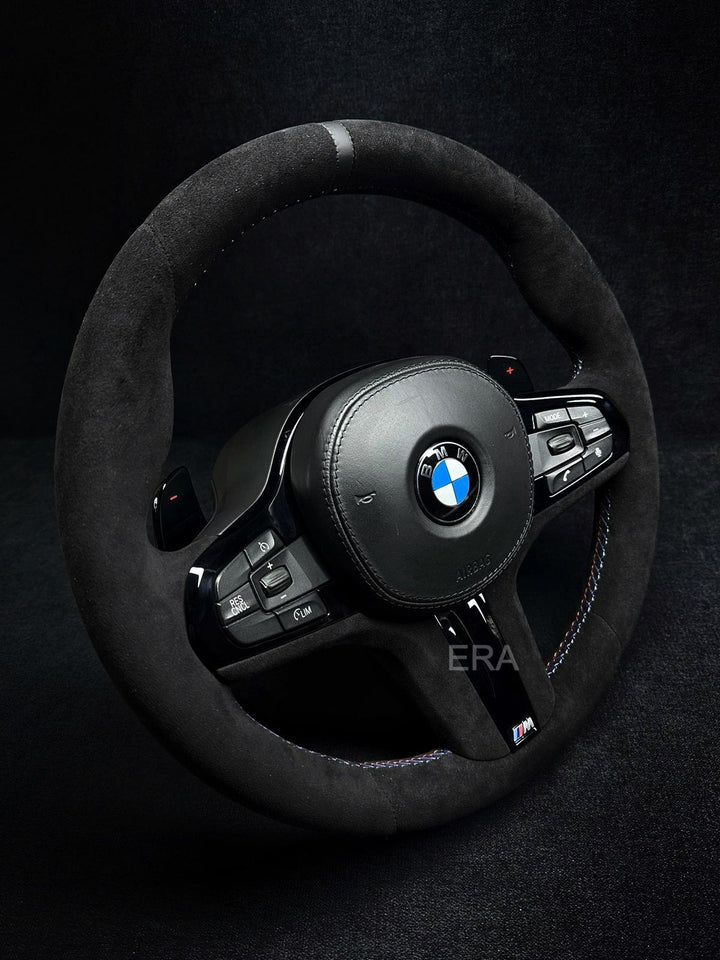 BMW G-SERIES ALCANTARA / BLACK LEATHER STRIPE / M-STITCHING / PIANO BLACK TRIM AND SHIFT PADDLES