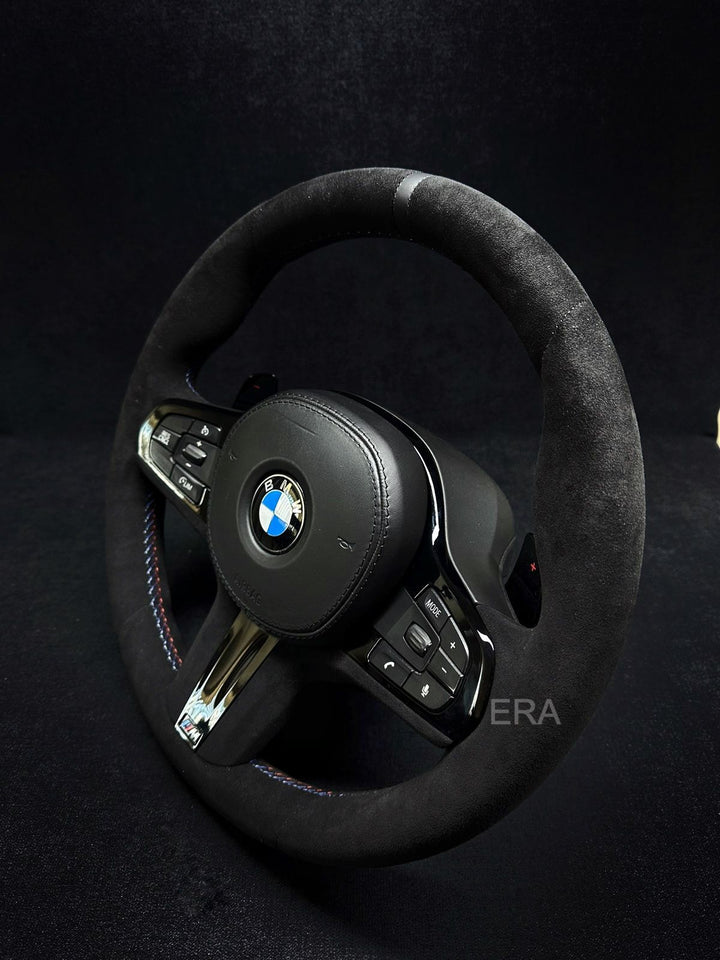 BMW G-SERIES ALCANTARA / BLACK LEATHER STRIPE / M-STITCHING / PIANO BLACK TRIM AND SHIFT PADDLES