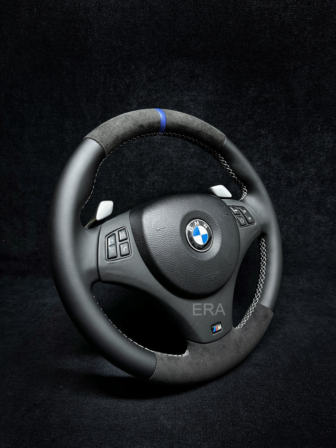 BMW E9X-E8X ALCANTARA-NAPPA / BLUE STRIPE / WHITE STITCHING / LEATHER TRIM / SSG SHIFT PADDLES