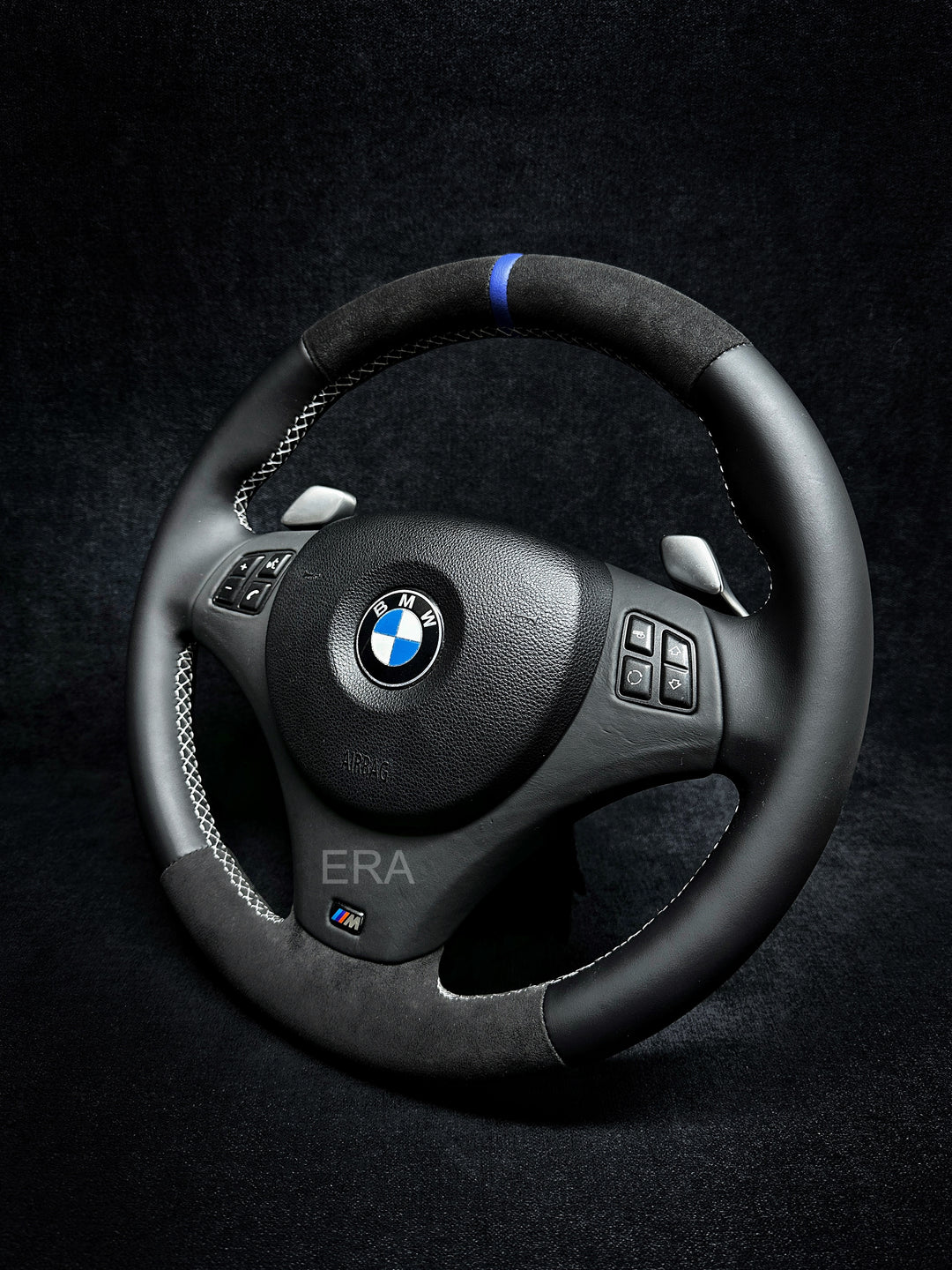 BMW E9X-E8X ALCANTARA-NAPPA / BLUE STRIPE / WHITE STITCHING / LEATHER TRIM / SSG SHIFT PADDLES