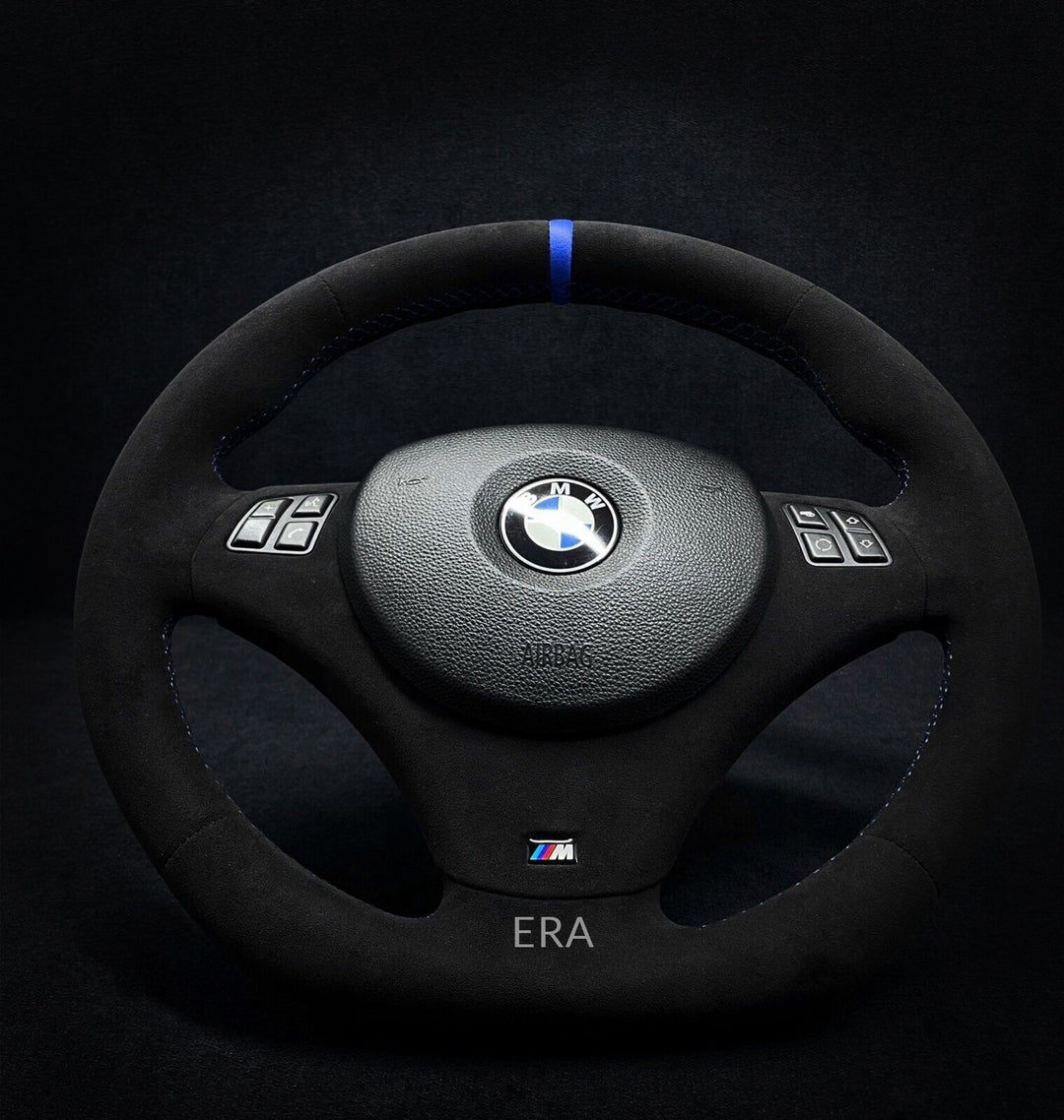 bmw e90 blue stripe blue steering wheel flat bottom alcantara leather trim 