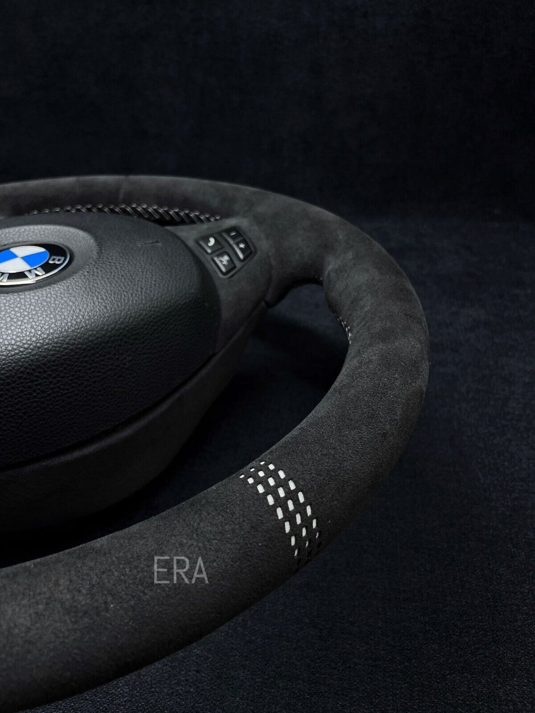 bmw e90 e81 steering wheel CS alcantara leather trim flat bottom shift paddles white lazer stripes