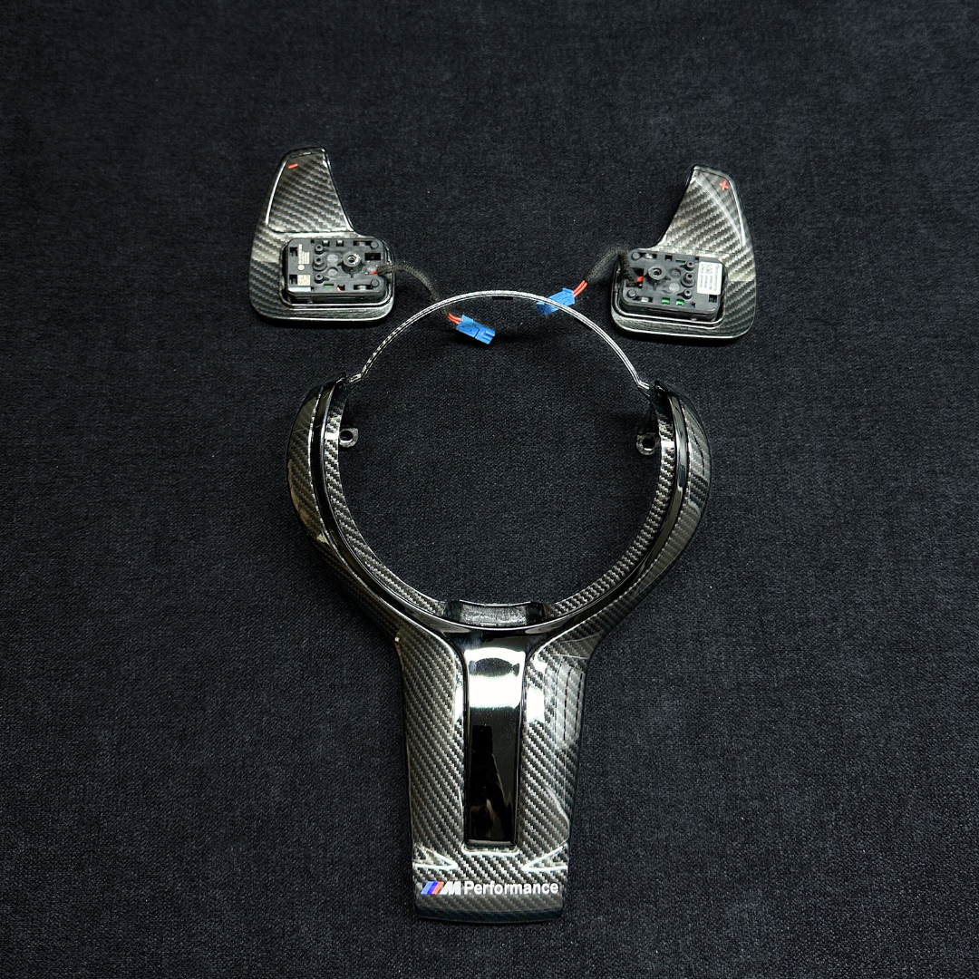 bmw f series Carbon fiber style steering wheel trim set with shift paddles