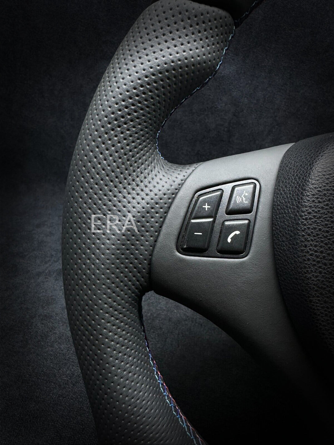 bmw nappa leather e9x steering wheel with middle blue stripe and buttons E90 E92 m stitching perforated