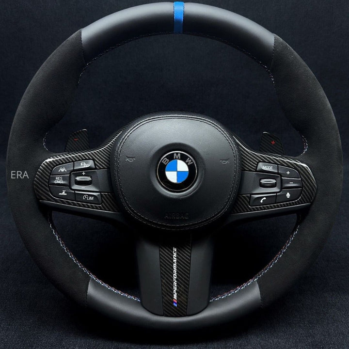 bmw steering wheel LIGHT BLUE STRIPE M STITCHING CARBON TRIM CARBON SHIFT PADDLES