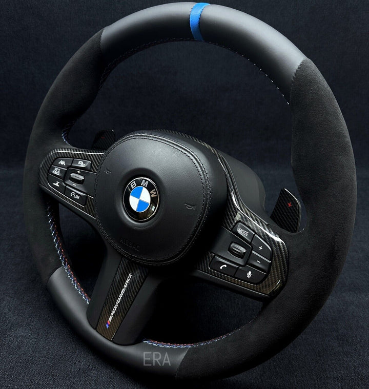 bmw steering wheel carbon fiber trim LIGHT BLUE STRIPE g series