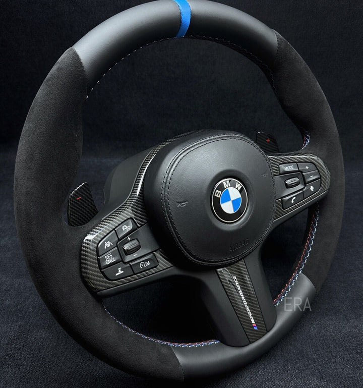 bmw steering wheel carbon fiber trim LIGHT BLUE STRIPE g series CARBON SHIFT PADDLES