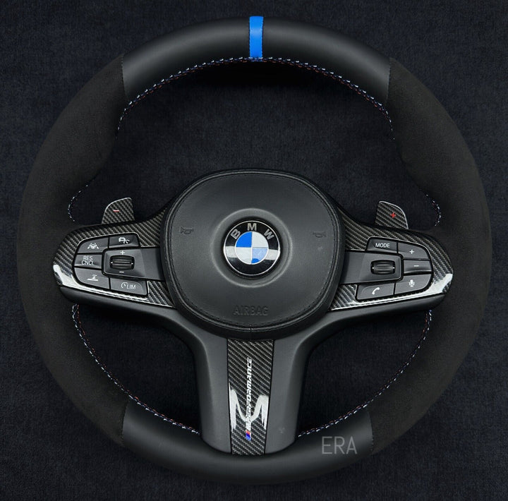 bmw steering wheel carbon fiber trim LIGHT BLUE STRIPE g series CARBON SHIFT PADDLES alcantara