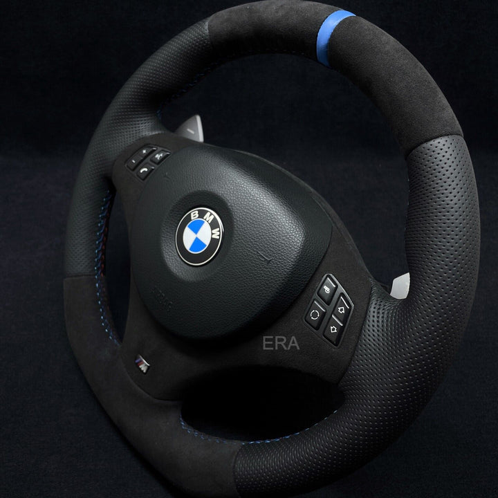 BMW E9X-E8X ALCANTARA-PERFORATED / BLUE STRIPE / M STITCHING / ALCANTARA TRIM / DCT PADDLES / FLAT BOTTOM