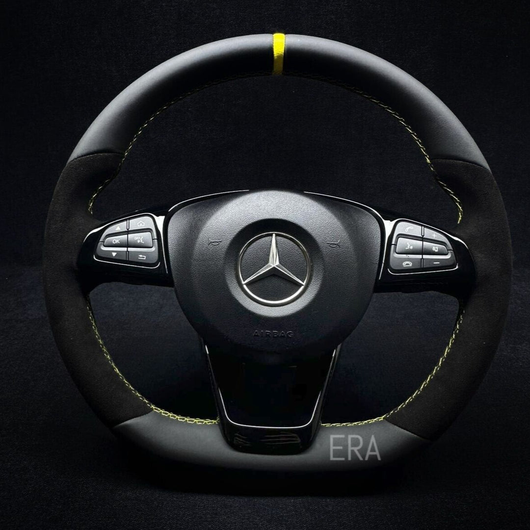 MERCEDES-BENZ NAPPA-ALCANTARA / YELLOW STRIPE / YELLOW STITCHING / PIANO BLACK TRIM AND SHIFT PADDLES