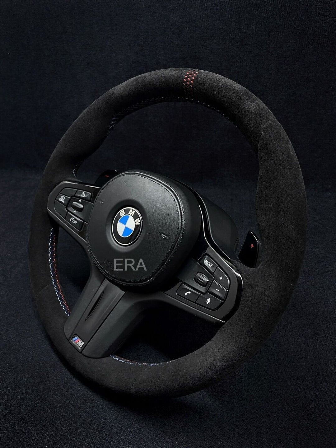 BMW G-SERIES ALCANTARA / RED LASER STRIPES / WHITE STITCHING / PIANO BLACK TRIM AND SHIFT PADDLES