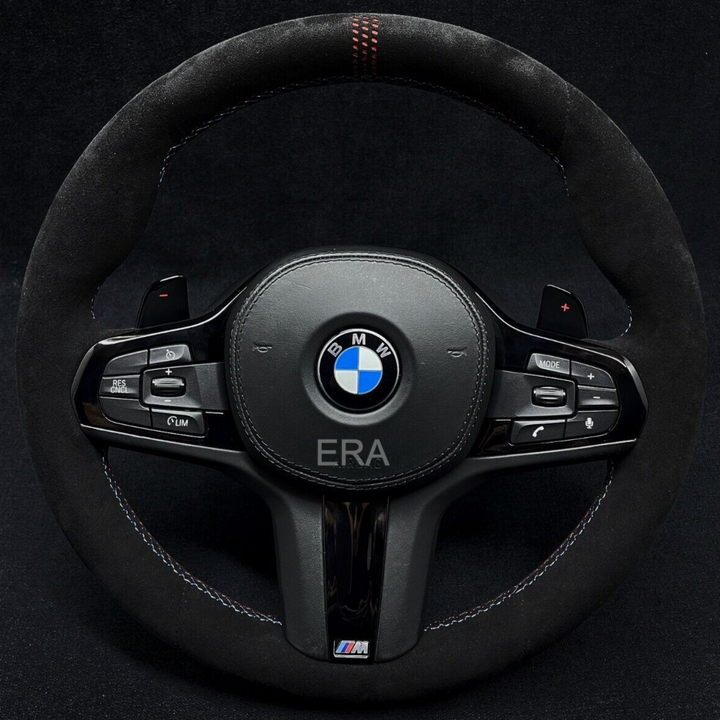 BMW G-SERIES ALCANTARA / RED LASER STRIPES / WHITE STITCHING / PIANO BLACK TRIM AND SHIFT PADDLES