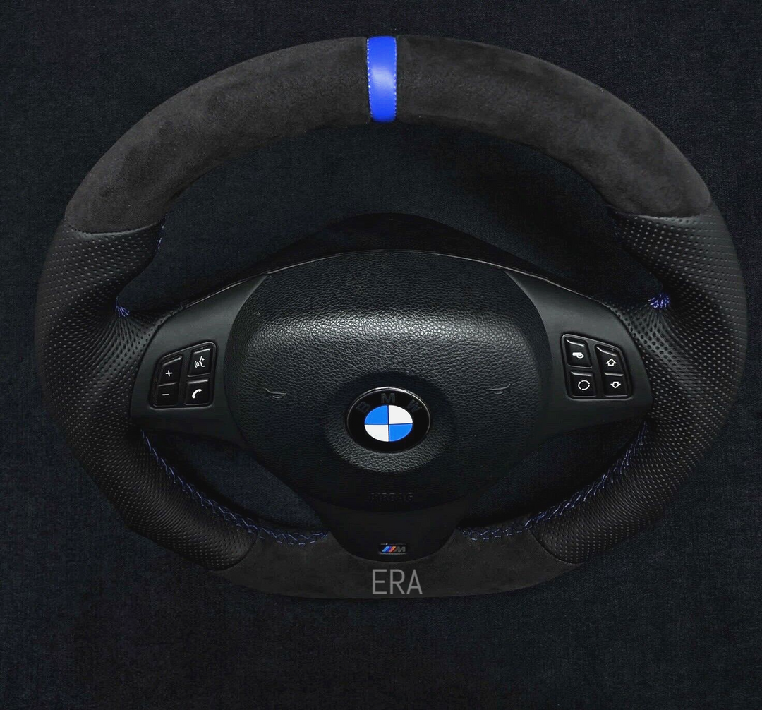 BMW E9X-E8X ALCANTARA-PERFORATED / BLUE STRIPE / M STITCHING / LEATHER TRIM / SHAPED