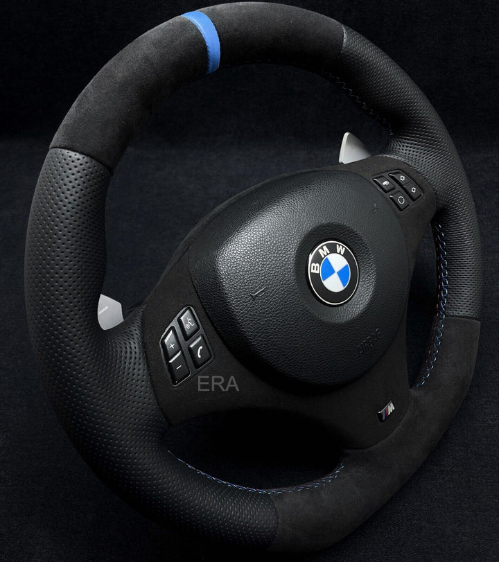 BMW E9X-E8X ALCANTARA-PERFORATED / BLUE STRIPE / M STITCHING / ALCANTARA TRIM / DCT PADDLES / FLAT BOTTOM