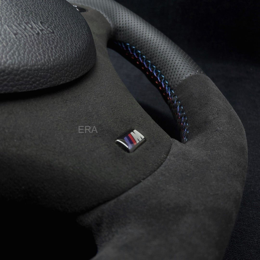 BMW E9X-E8X ALCANTARA-PERFORATED / BLUE STRIPE / M STITCHING / ALCANTARA TRIM / DCT PADDLES / FLAT BOTTOM