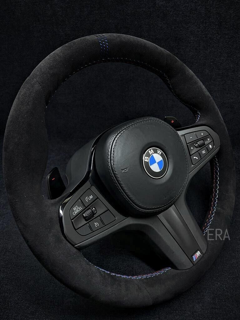 BMW G-SERIES ALCANTARA / BLUE LAZER STRIPES / M STITCHING / PIANO BLACK TRIM / PIANO BLACK SHIFT PADDLES