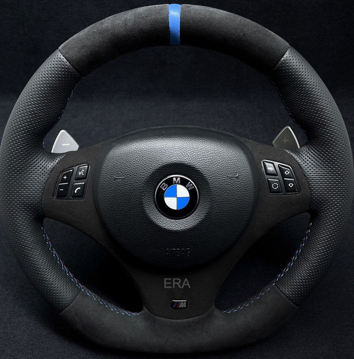 BMW E9X-E8X ALCANTARA-PERFORATED / BLUE STRIPE / M STITCHING / ALCANTARA TRIM / DCT PADDLES / FLAT BOTTOM