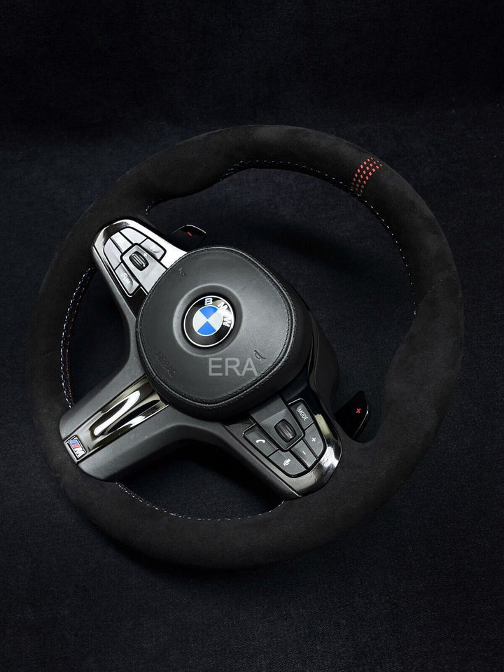 BMW G-SERIES ALCANTARA / RED LASER STRIPES / WHITE STITCHING / PIANO BLACK TRIM AND SHIFT PADDLES