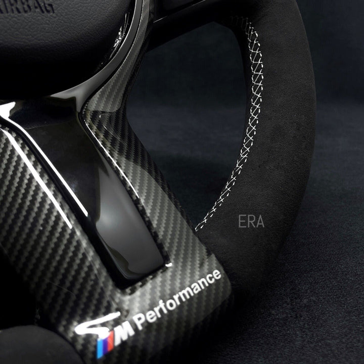 BMW F-SERIES ALCANTARA / WHITE LAZER STRIPE / WHITE STITCHING / CARBON AND PIANO BLACK TRIM