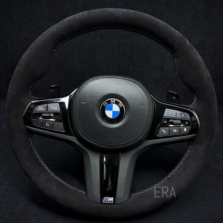 BMW G-SERIES ALCANTARA / BLUE LAZER STRIPES / M STITCHING / PIANO BLACK TRIM / PIANO BLACK SHIFT PADDLES